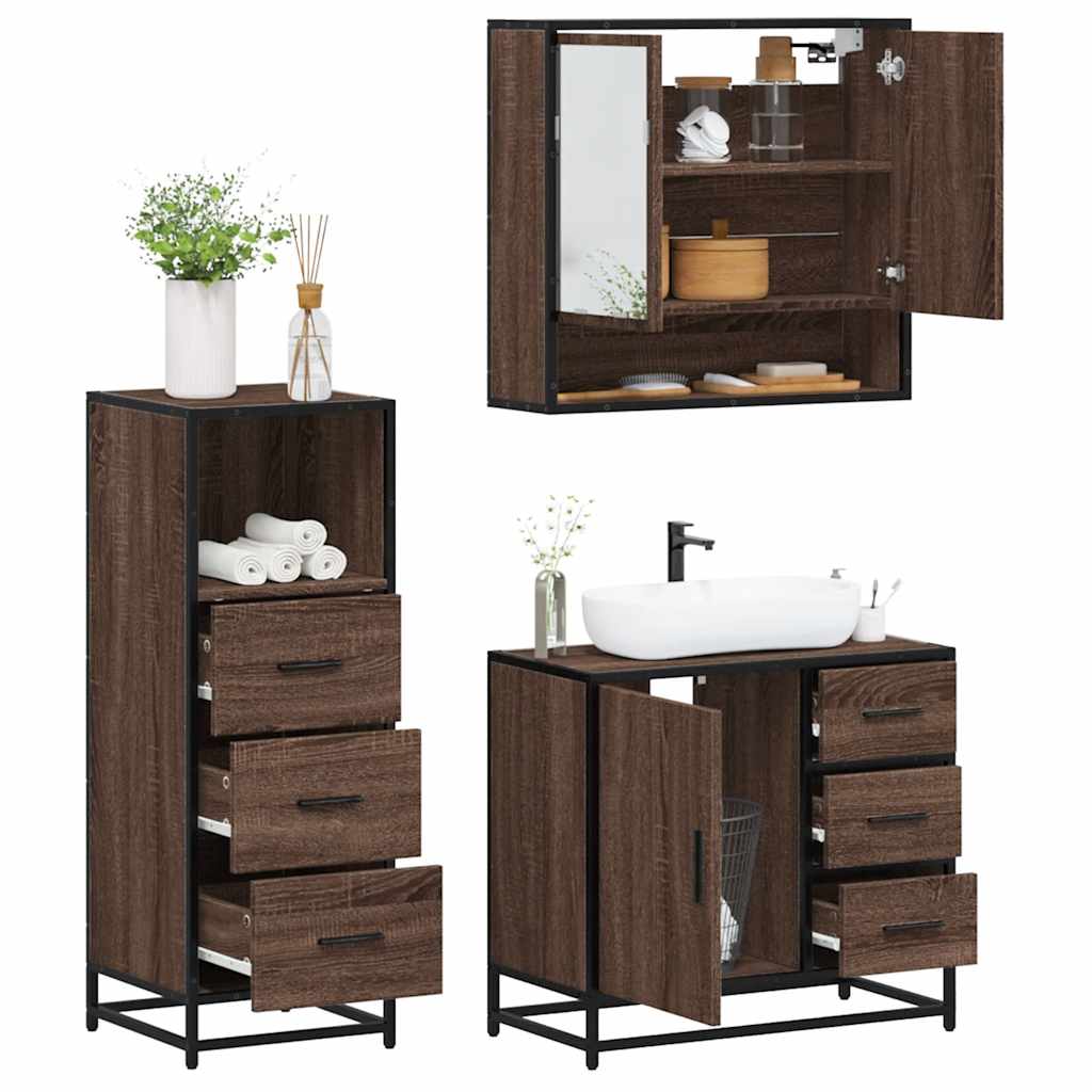 Set Mobili da Bagno 3 pz Rovere Marrone in Legno Multistrato