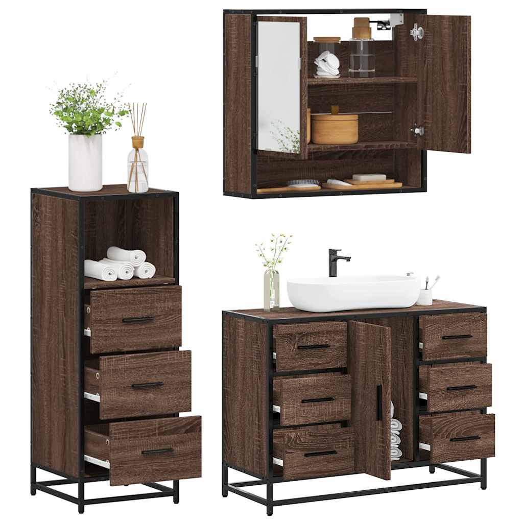Set Mobili da Bagno 3 pz Rovere Marrone in Legno Multistrato