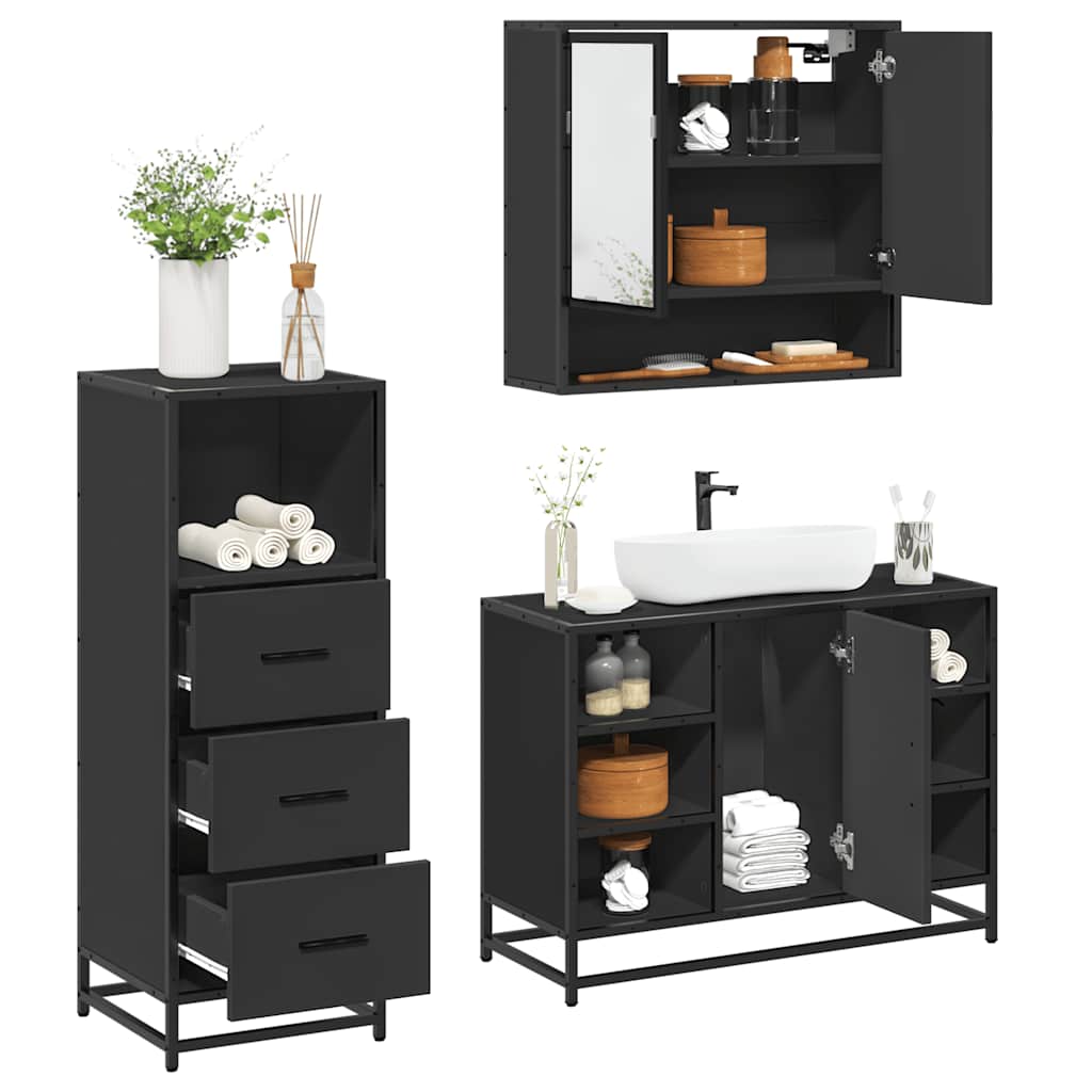 Set Mobili da Bagno 3 pz Nero in Legno Multistrato