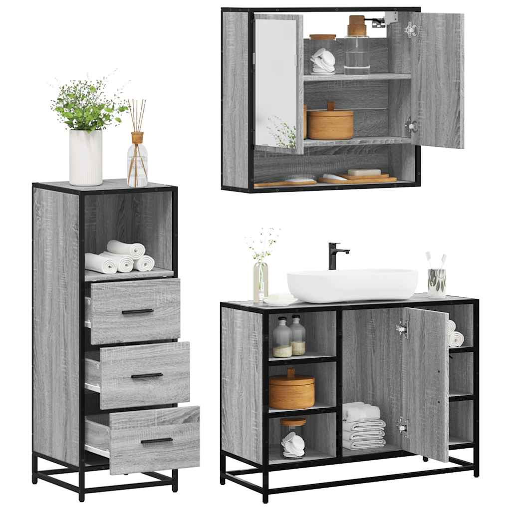 Set Mobili da Bagno 3 pz Grigio Sonoma in Legno Multistrato