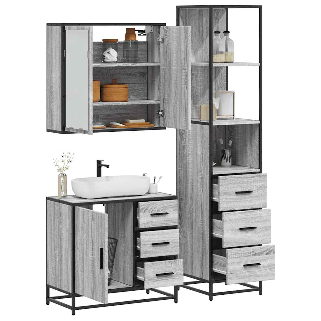 Set Mobili da Bagno 3 pz Grigio Sonoma in Legno Multistrato