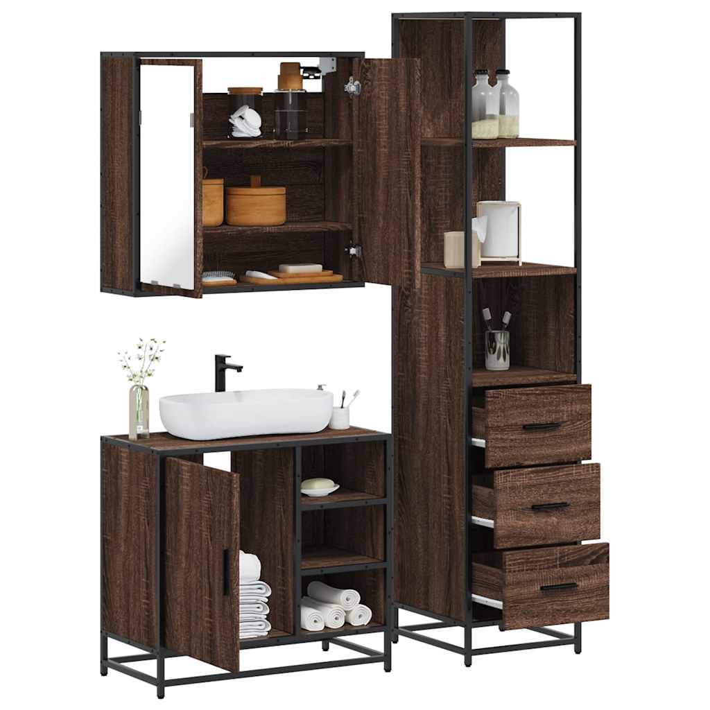 Set Mobili da Bagno 3 pz Rovere Marrone in Legno Multistrato