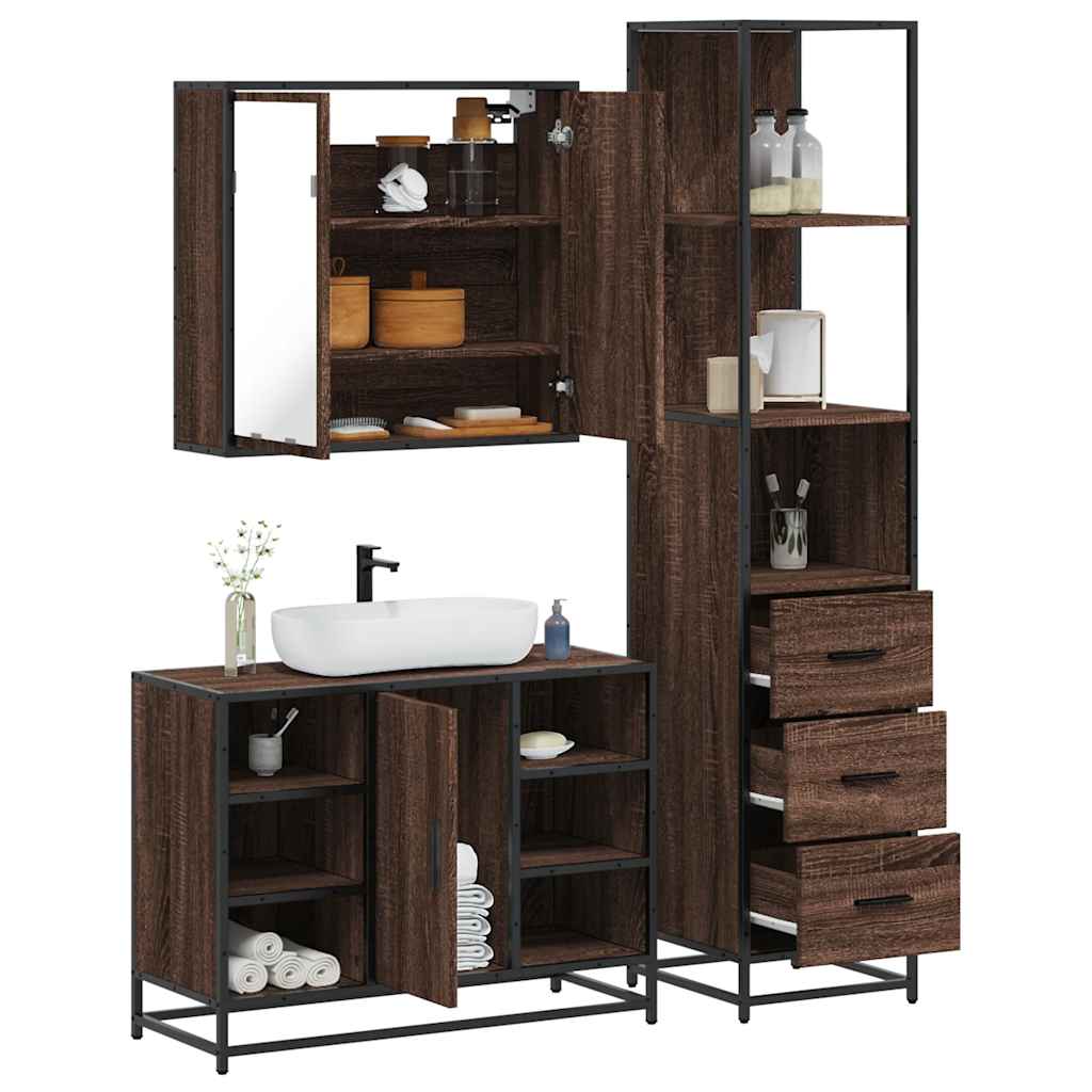 Set Mobili da Bagno 3 pz Rovere Marrone in Legno Multistrato
