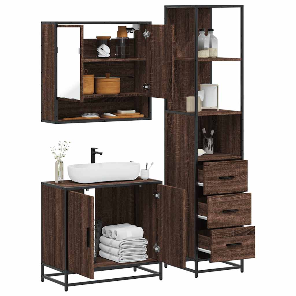 Set Mobili da Bagno 3 pz Rovere Marrone in Legno Multistrato