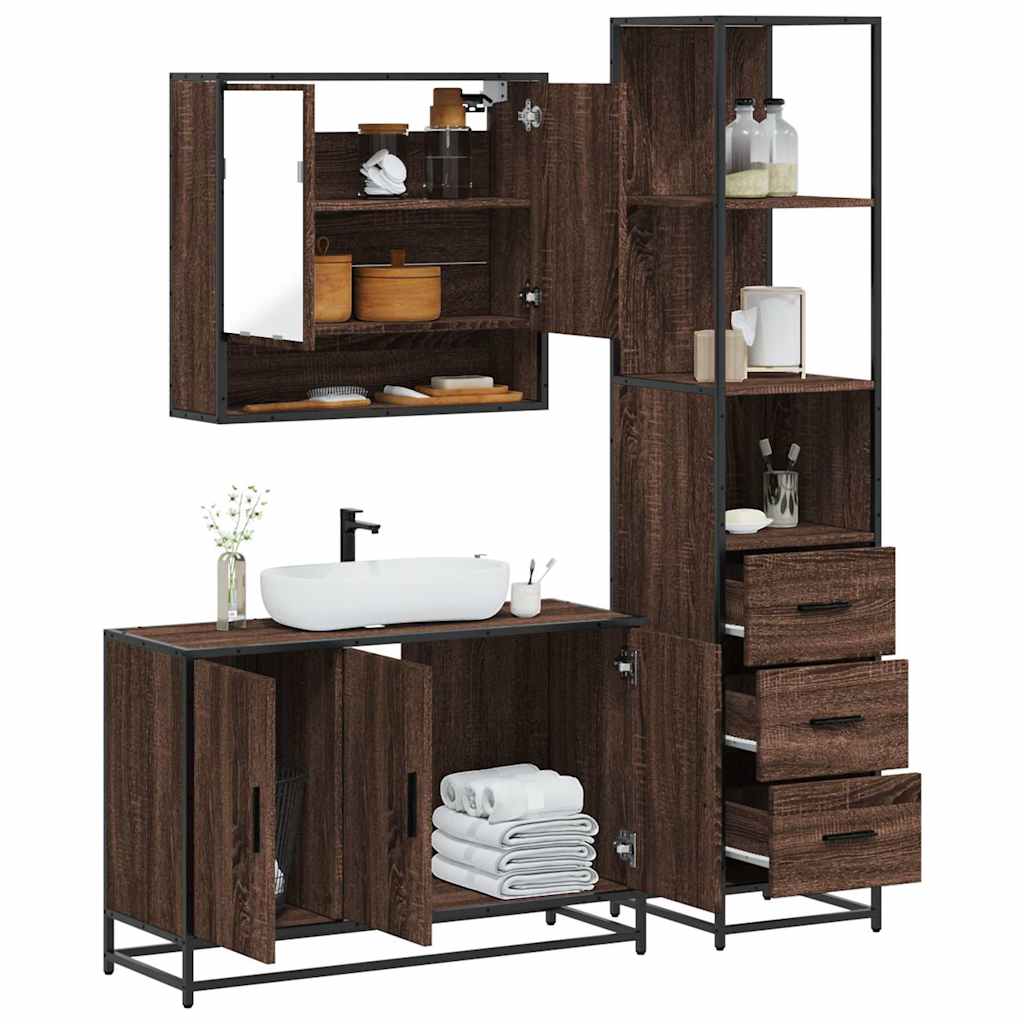 Set Mobili da Bagno 3 pz Rovere Marrone in Legno Multistrato