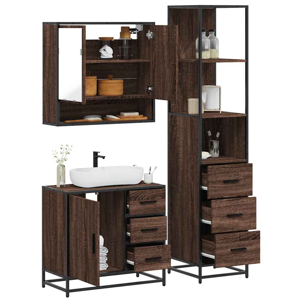 Set Mobili da Bagno 3 pz Rovere Marrone in Legno Multistrato
