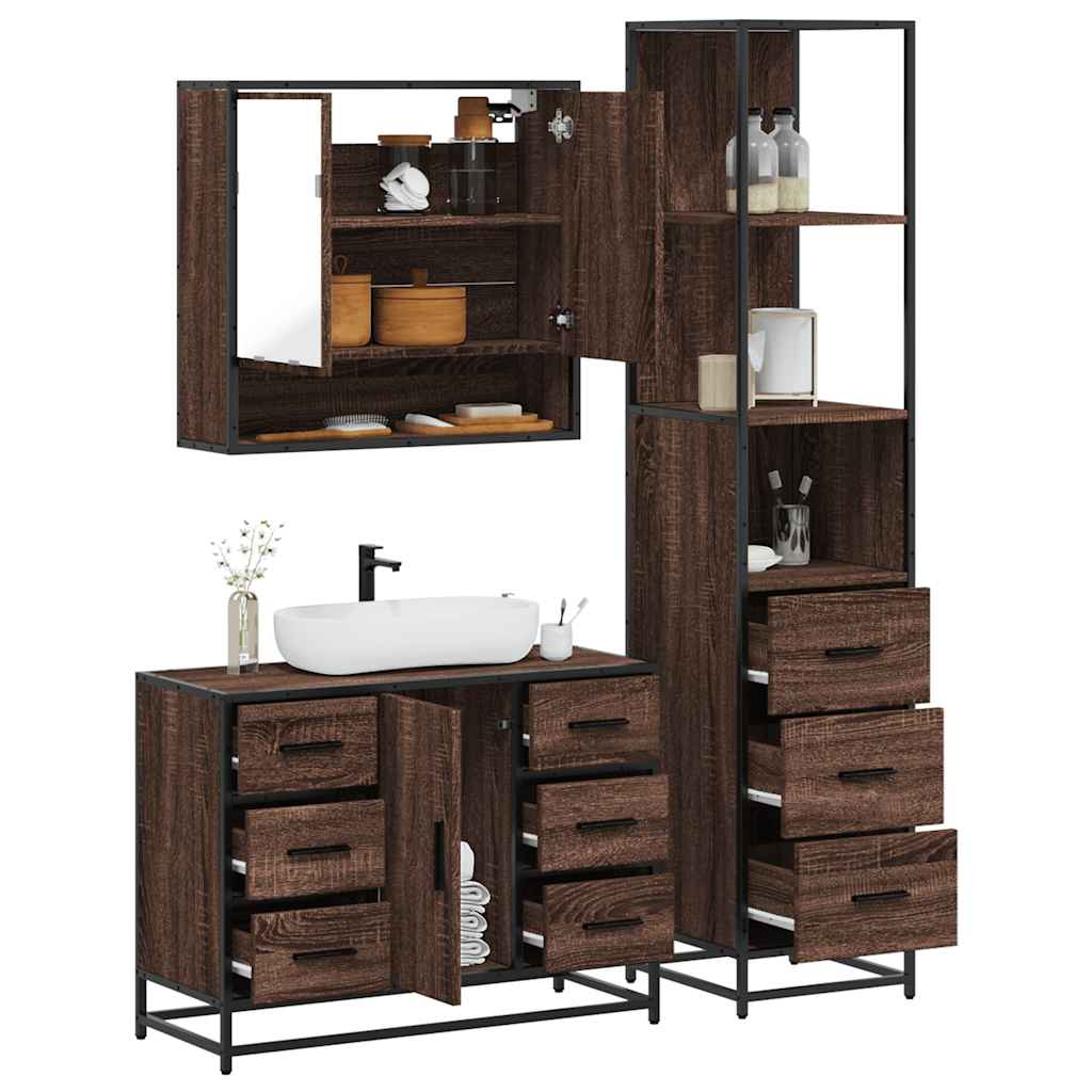 Set Mobili da Bagno 3 pz Rovere Marrone in Legno Multistrato