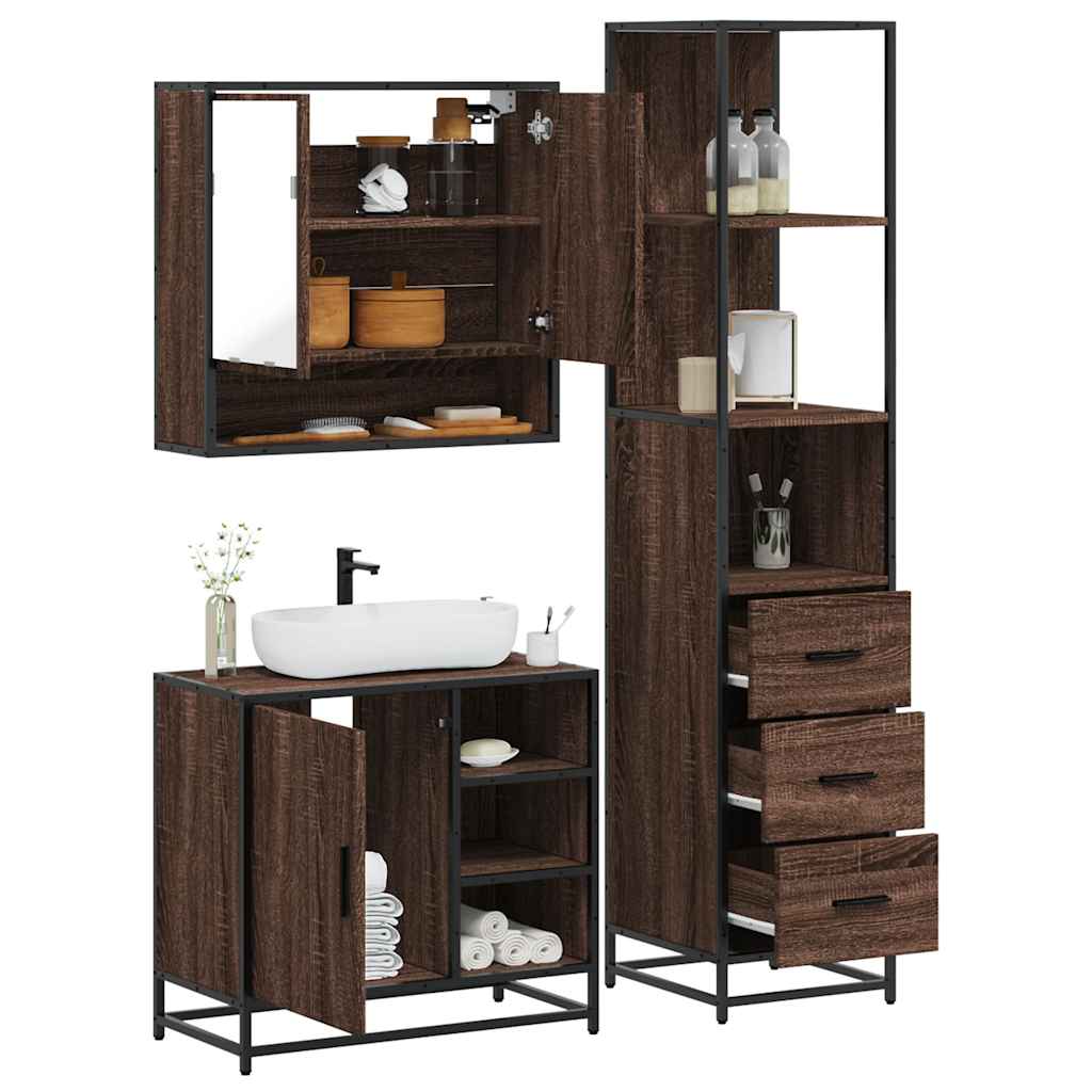 Set Mobili da Bagno 3 pz Rovere Marrone in Legno Multistrato