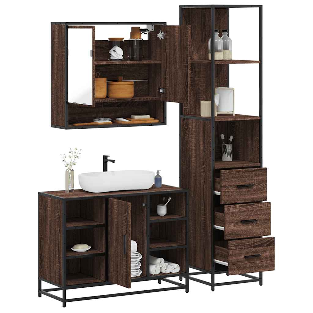 Set Mobili da Bagno 3 pz Rovere Marrone in Legno Multistrato