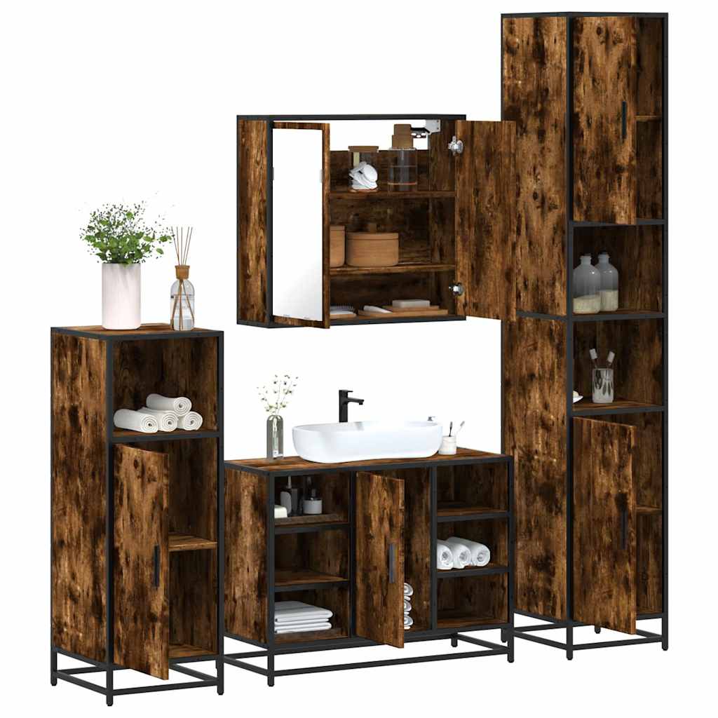 Set Mobili da Bagno 4 pz Rovere Fumo in Legno Multistrato
