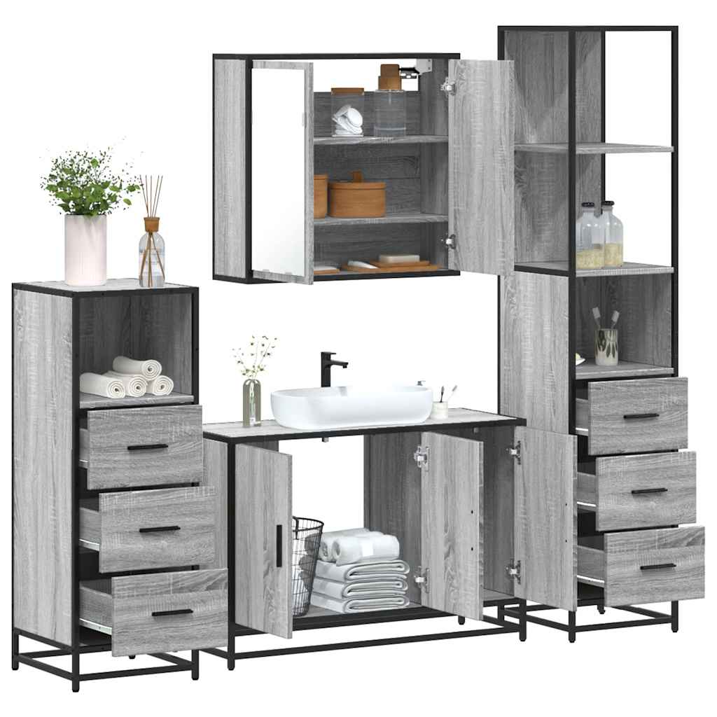 Set Mobili da Bagno 4 pz Grigio Sonoma in Legno Multistrato