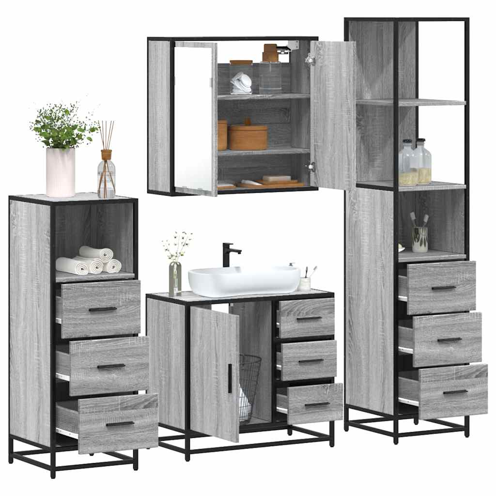 Set Mobili da Bagno 4 pz Grigio Sonoma in Legno Multistrato