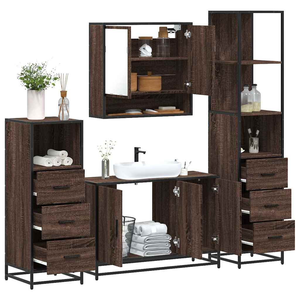 Set Mobili da Bagno 4 pz Rovere Marrone in Legno Multistrato