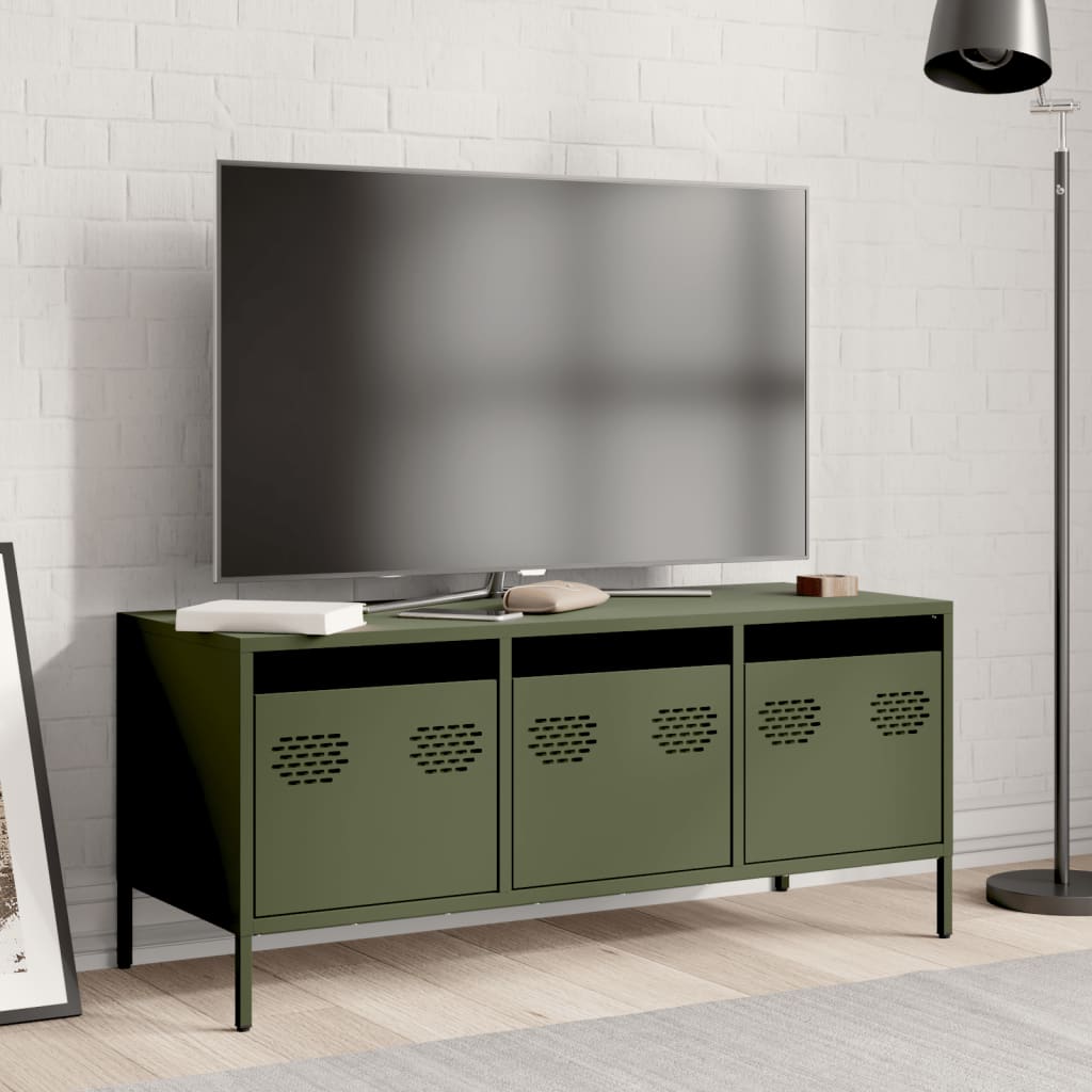 Mobile TV Verde Oliva 101,5x39x43,5cm Acciaio Laminato a Freddo