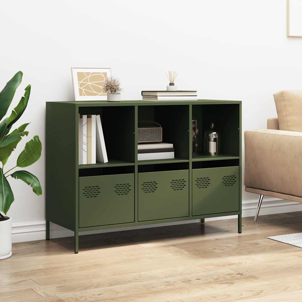 Credenza Verde Oliva 101,5x39x73,5 cm Acciaio Laminato a Freddo