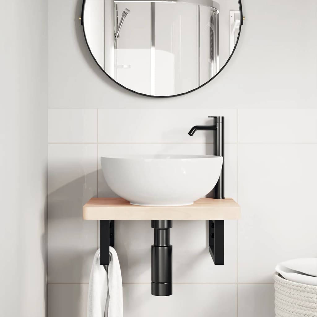Ripiano a Parete per Lavabo in Acciaio e Massello di Faggio