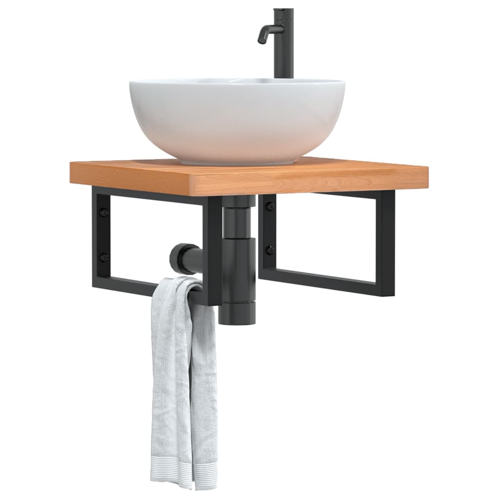 Ripiano a Parete per Lavabo in Acciaio e Massello di Faggio