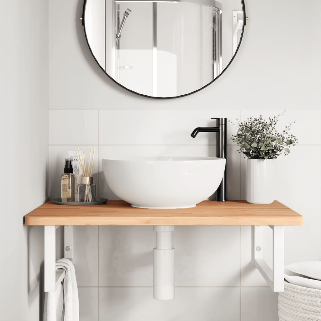 Ripiano a Parete per Lavabo in Acciaio e Massello di Faggio