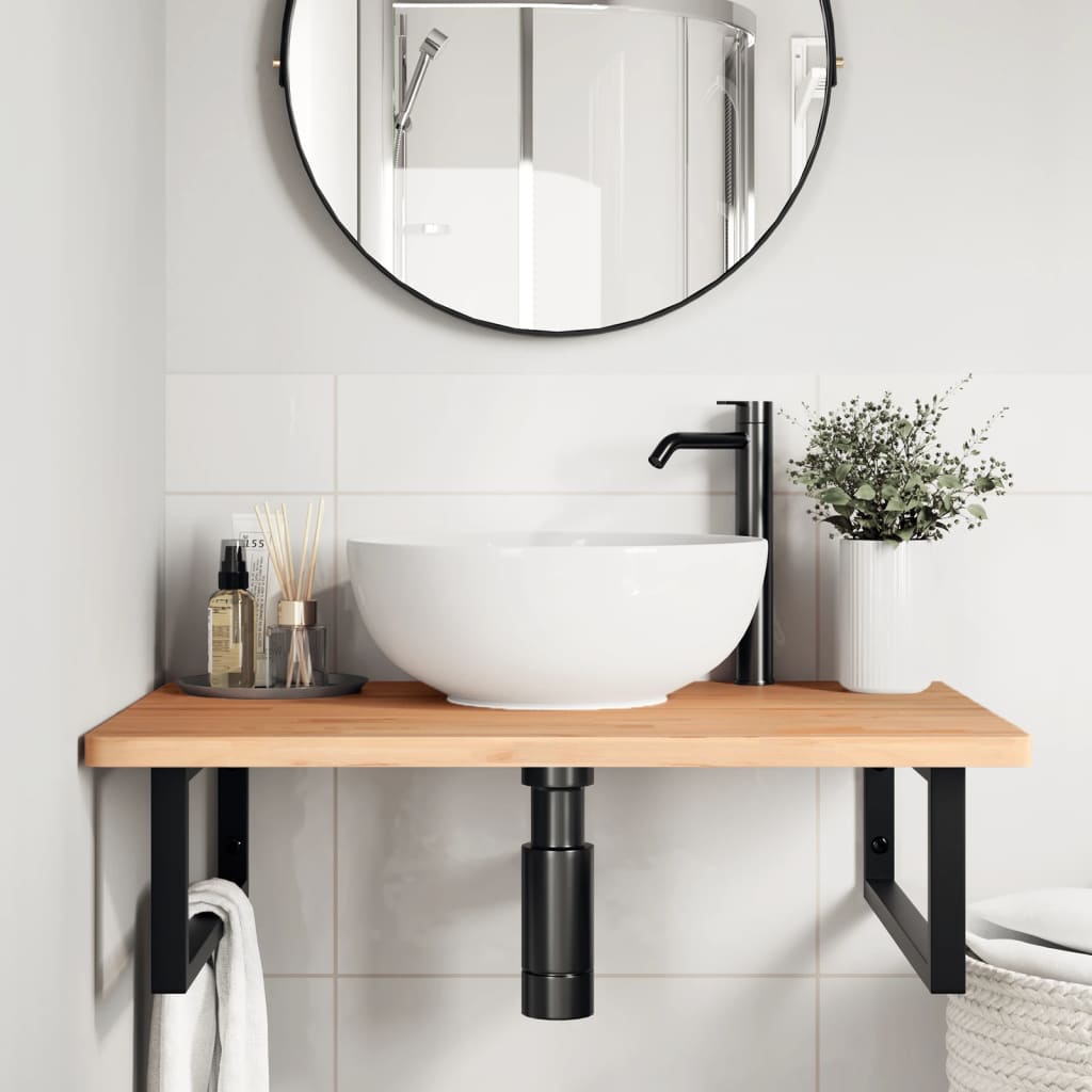 Ripiano a Parete per Lavabo in Acciaio e Massello di Faggio