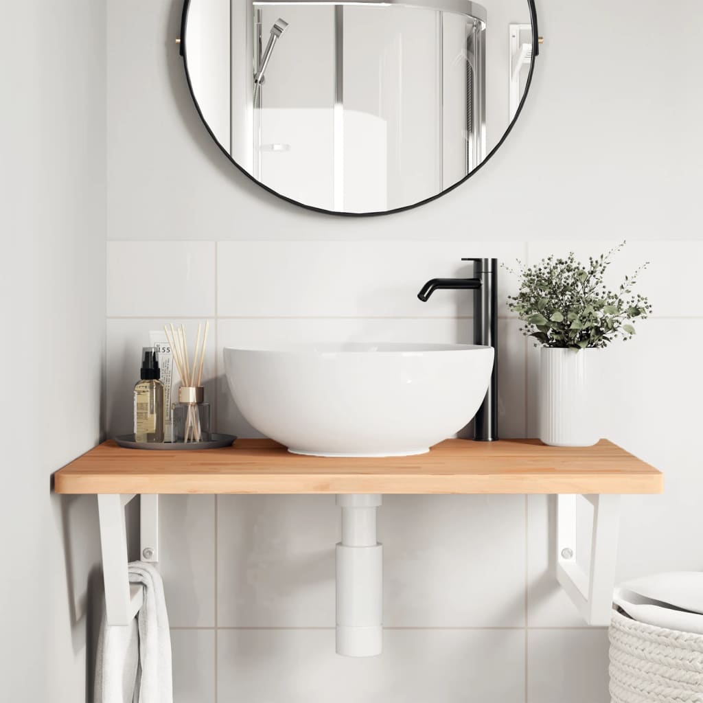 Ripiano a Parete per Lavabo in Acciaio e Massello di Faggio