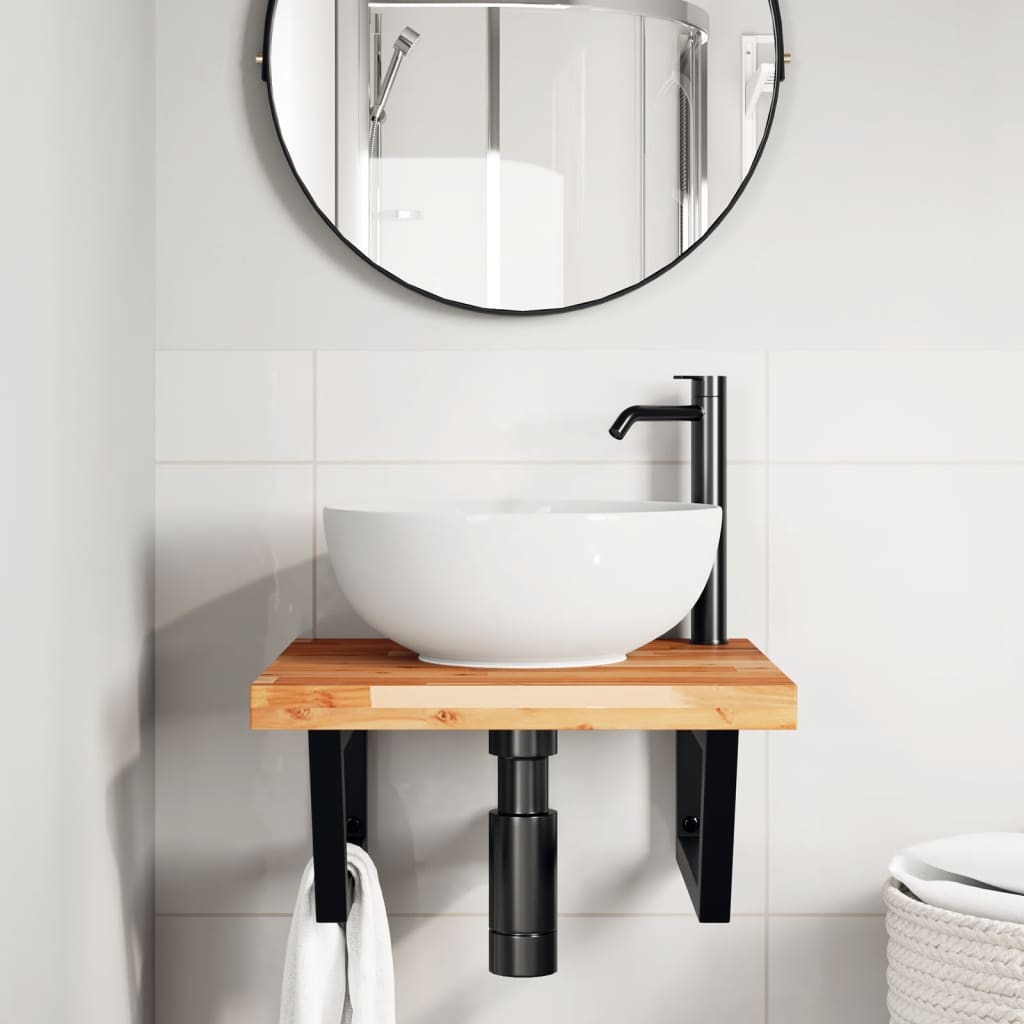 Ripiano a Parete per Lavabo in Acciaio e Massello di Acacia