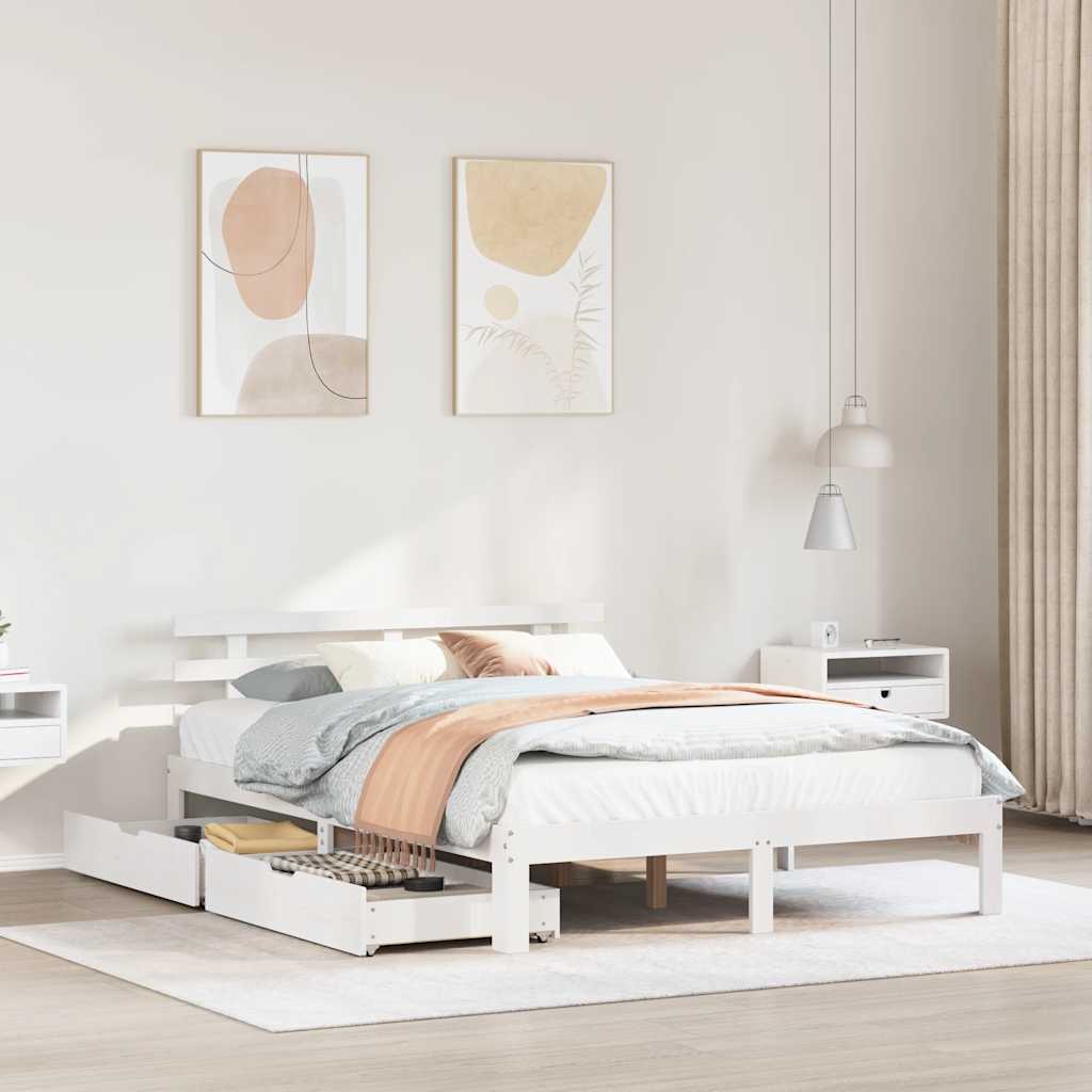 Giroletto con Cassetti Bianco 140x200 cm Legno Massello di Pino