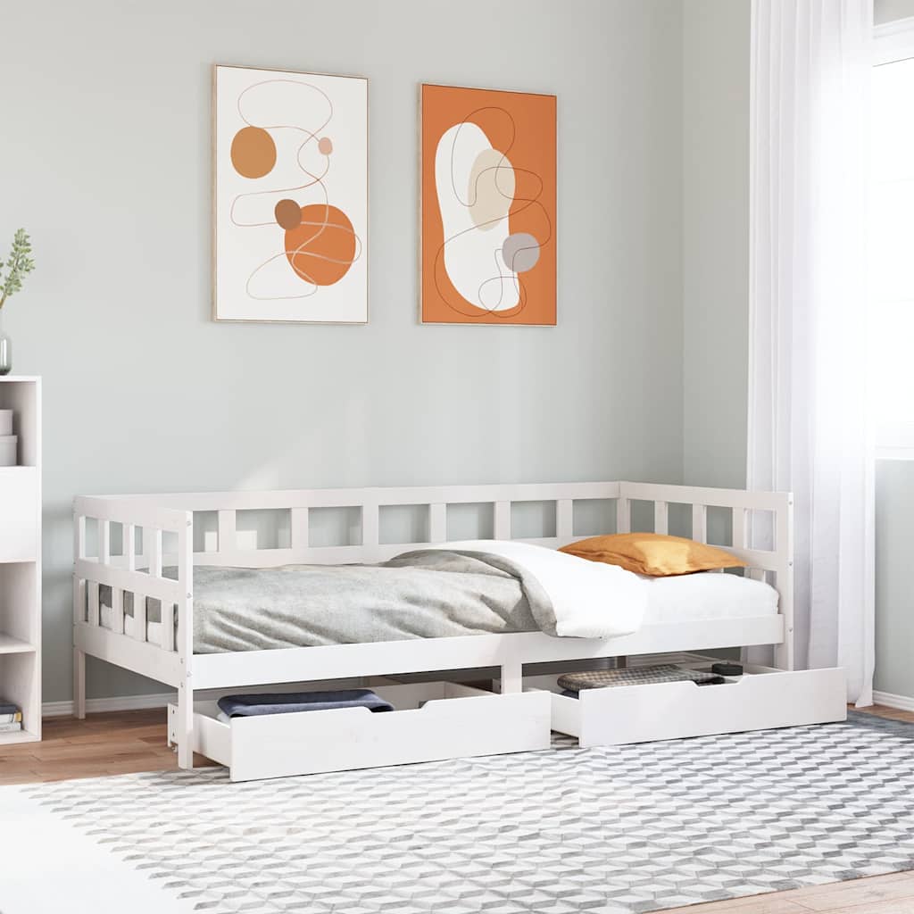 Dormeuse con Cassetti Bianco 90x190 cm Legno Massello di Pino