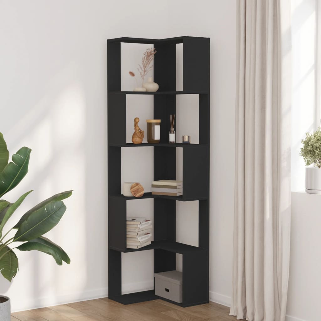 Libreria Angolare 5Ripiani Nera 50x50x179 cm Legno Multistrato
