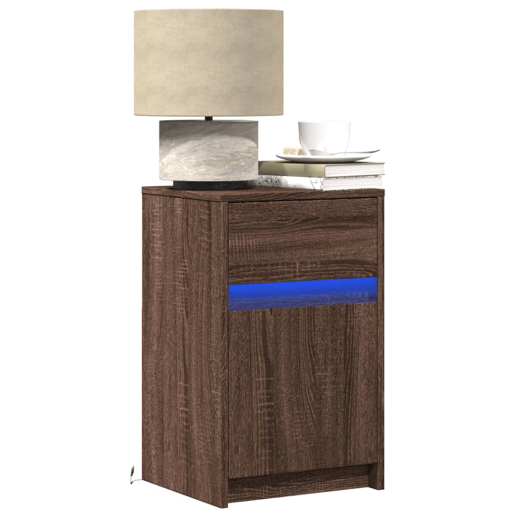 Comodino con Luci LED Rovere Marrone in Legno Multistrato