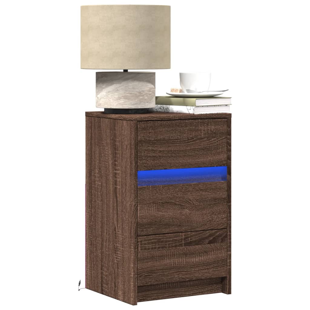 Comodino con Luci LED Rovere Marrone in Legno Multistrato