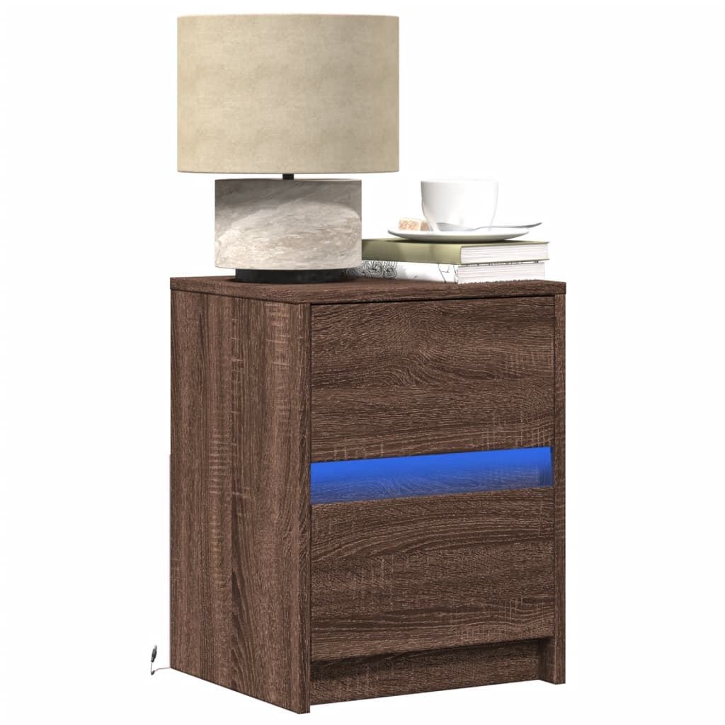 Comodino con Luci LED Rovere Marrone in Legno Multistrato
