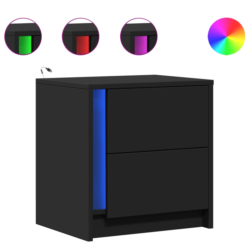 Comodino con Luci LED Nero in Legno Multistrato