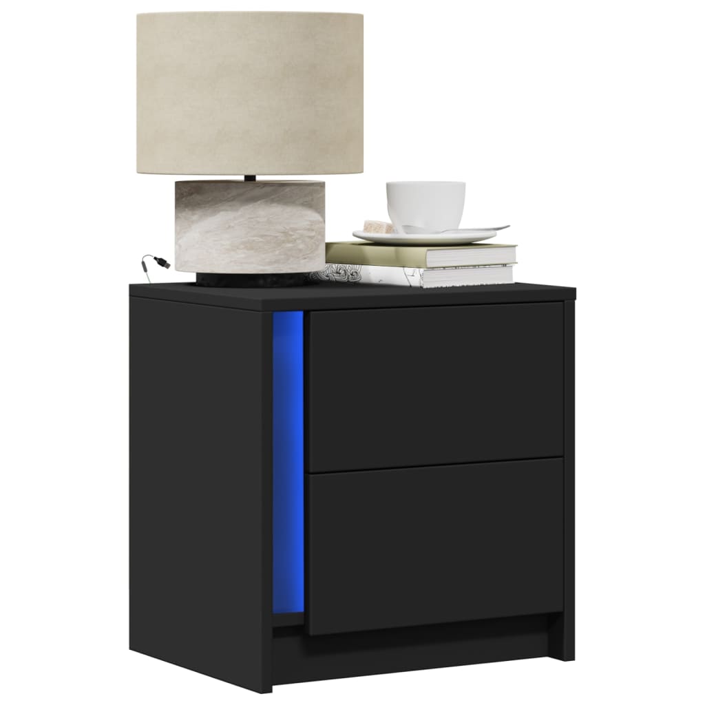 Comodino con Luci LED Nero in Legno Multistrato