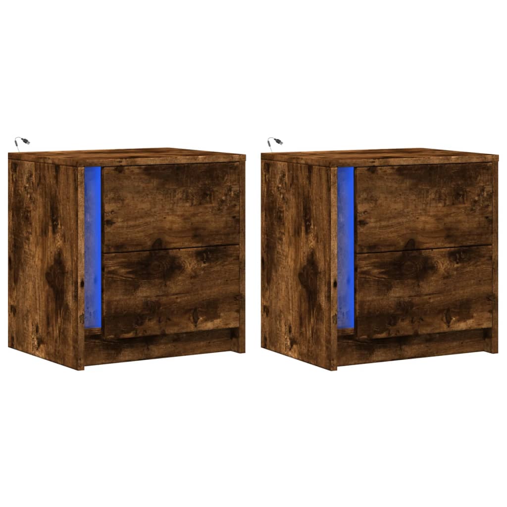 Comodini con Luci LED 2pz Rovere Fumo in Legno Multistrato