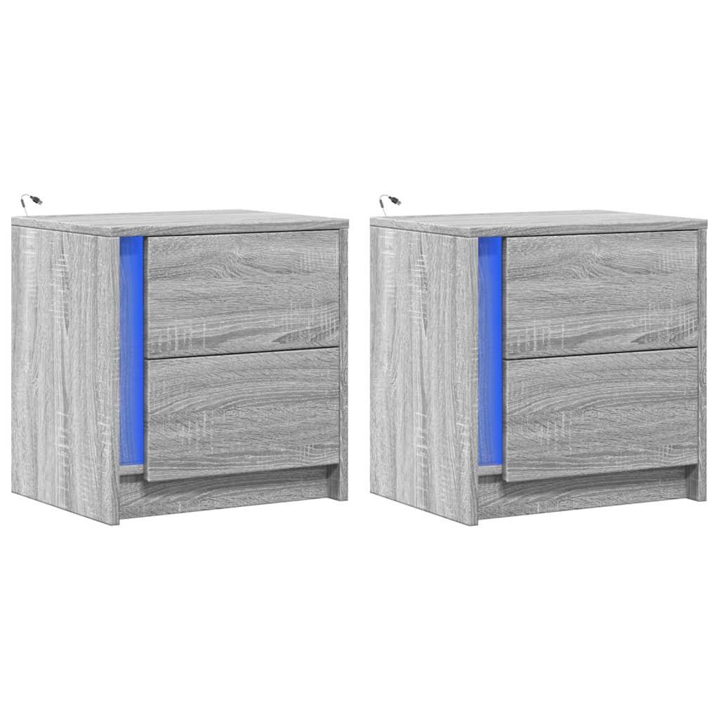 Comodini con Luci LED 2pz Grigio Sonoma in Legno Multistrato