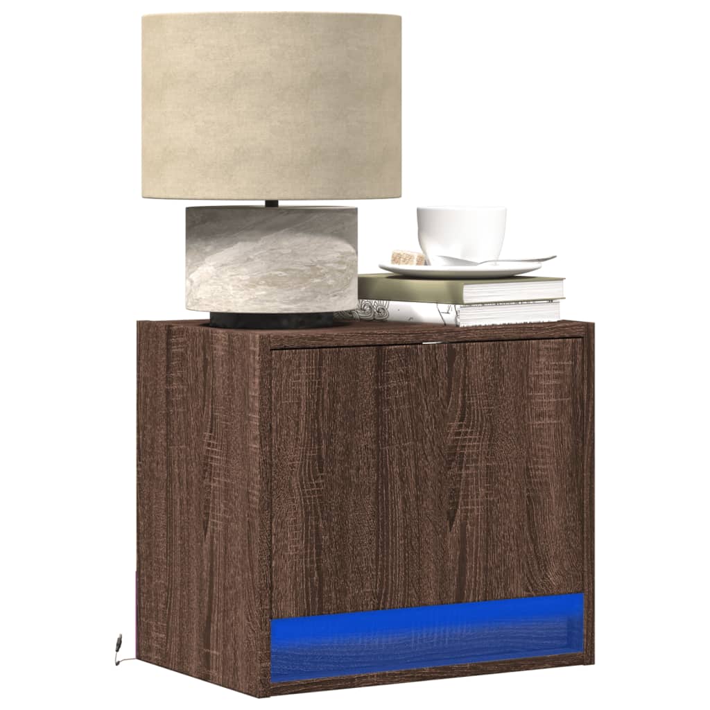 Comodini a Parete con luci LED 2 pz Rovere Marrone