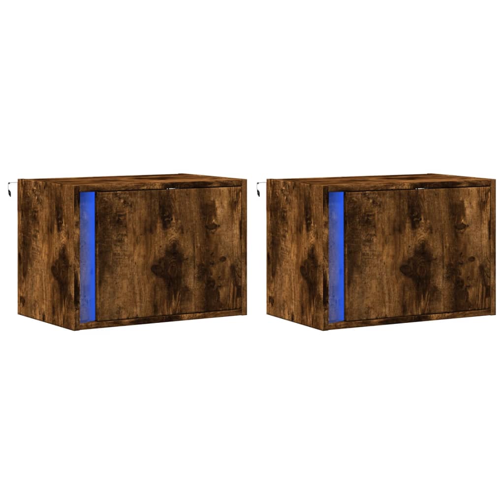 Comodini a Parete con luci LED 2 pz Rovere Fumo