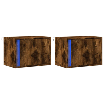 Comodini a Parete con luci LED 2 pz Rovere Fumo