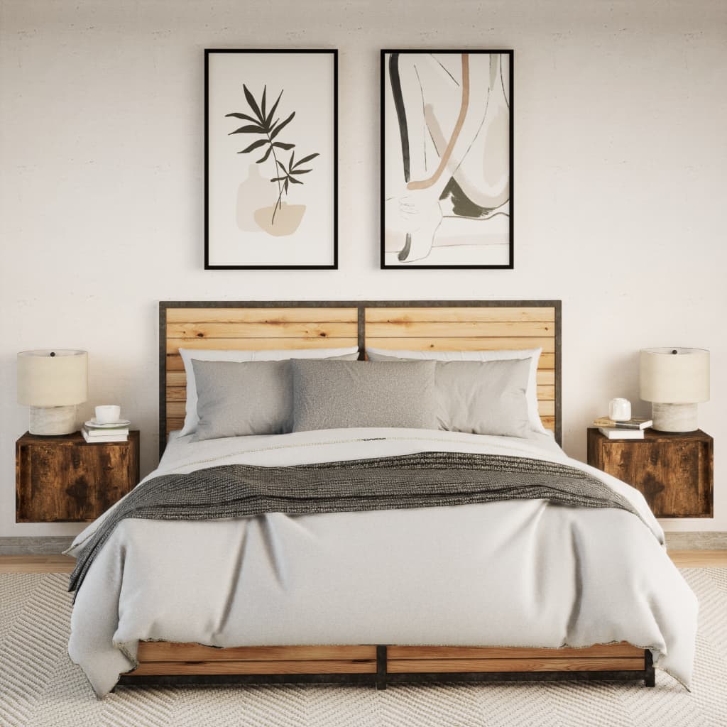 Comodini a Parete con luci LED 2 pz Rovere Fumo