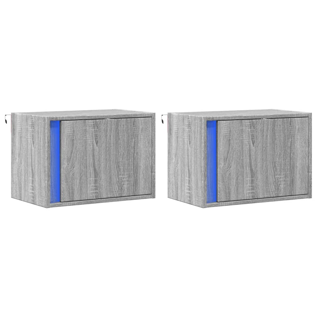 Comodini a Parete con luci LED 2 pz Grigio Sonoma