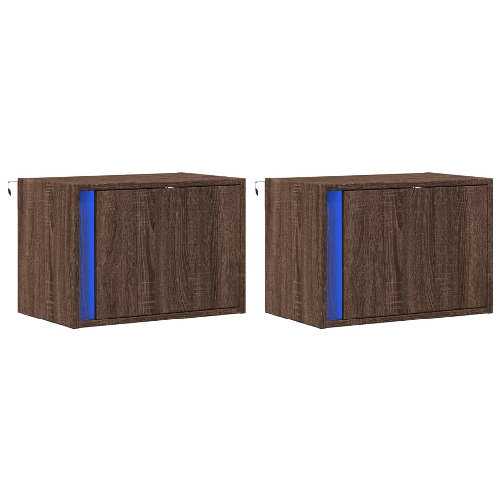 Comodini a Parete con luci LED 2 pz Rovere Marrone