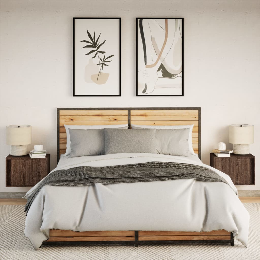 Comodini a Parete con luci LED 2 pz Rovere Marrone