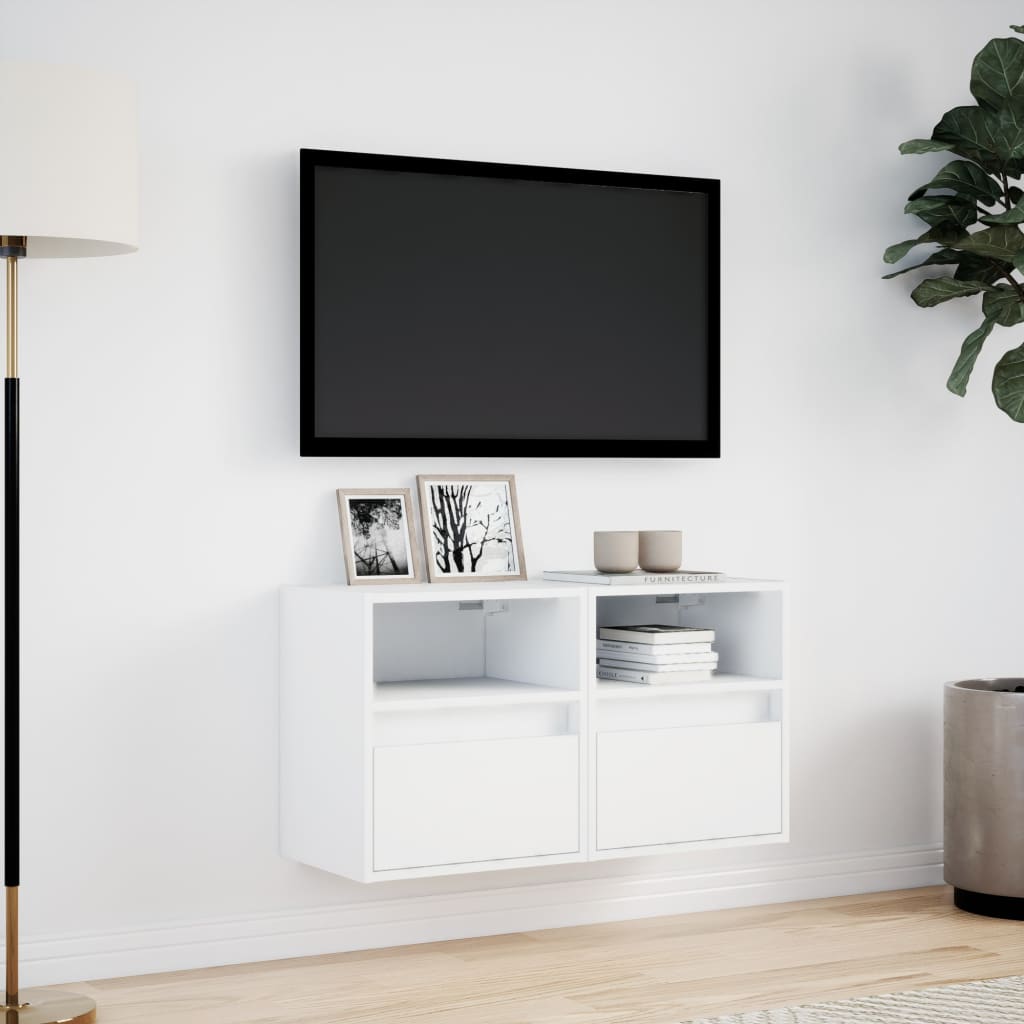 Mobili TV a Parete con Luci LED 2pz Bianchi 40x30x40 cm