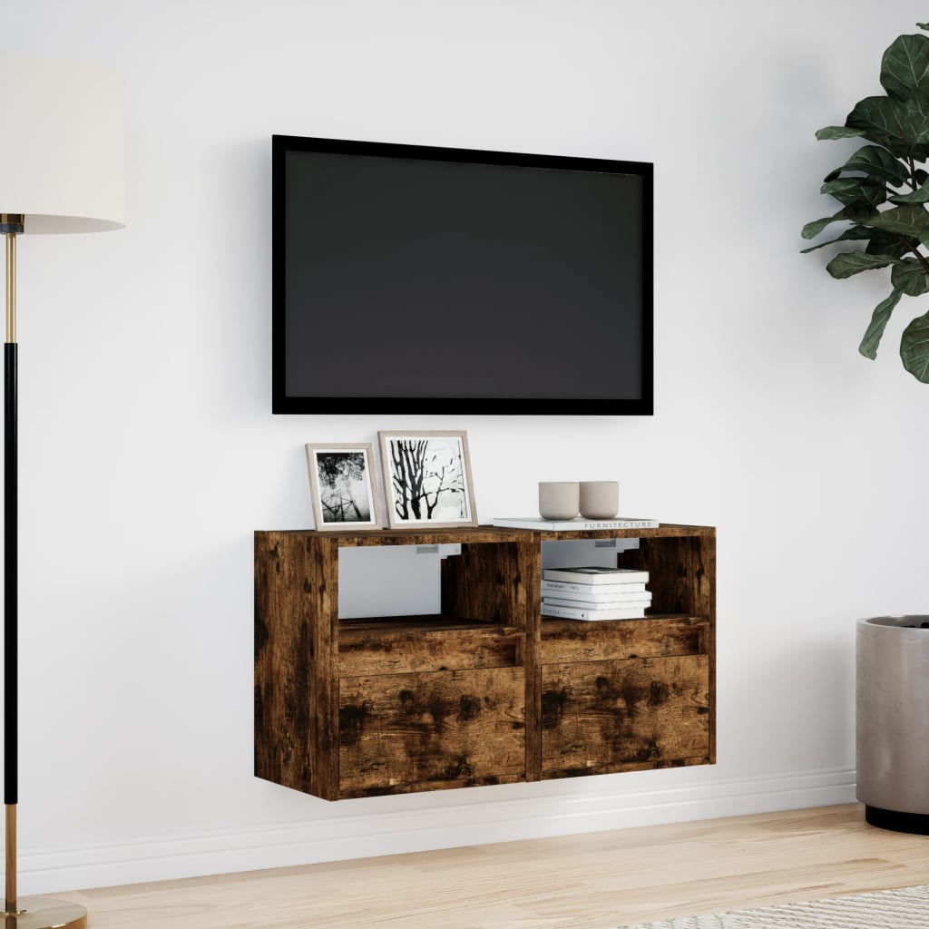 Mobili TV a Parete con Luci LED 2pz Rovere Fumo 41x31x45 cm