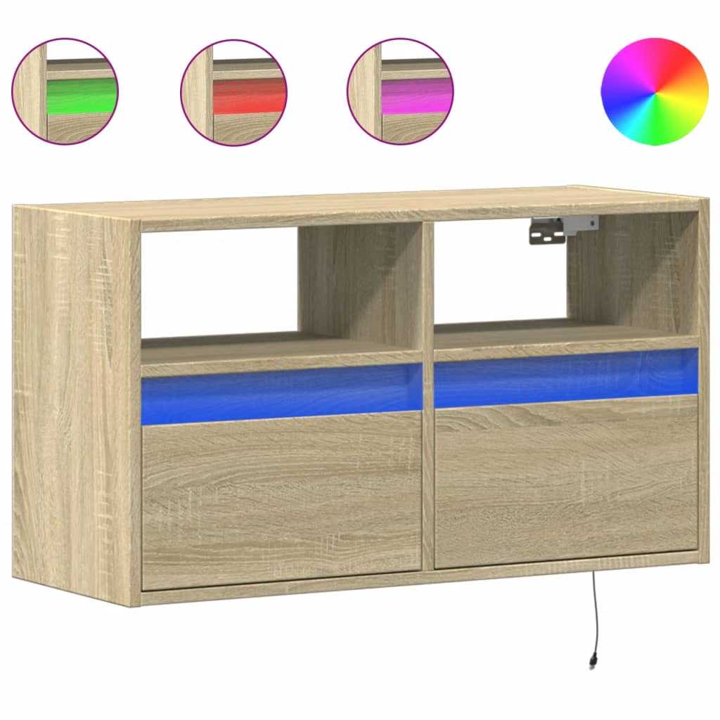 Mobile TV a Parete con Luci LED Rovere Sonoma 80x31x45 cm