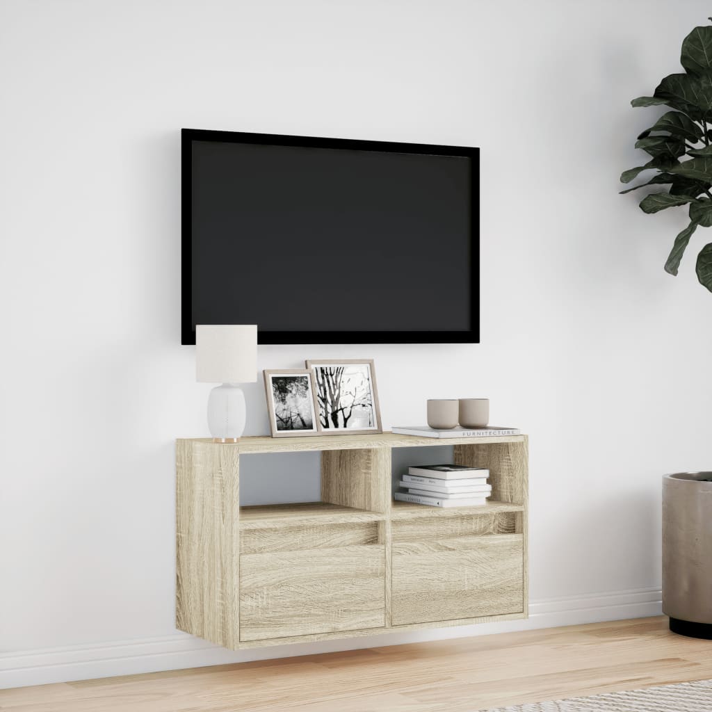 Mobile TV a Parete con Luci LED Rovere Sonoma 80x31x45 cm