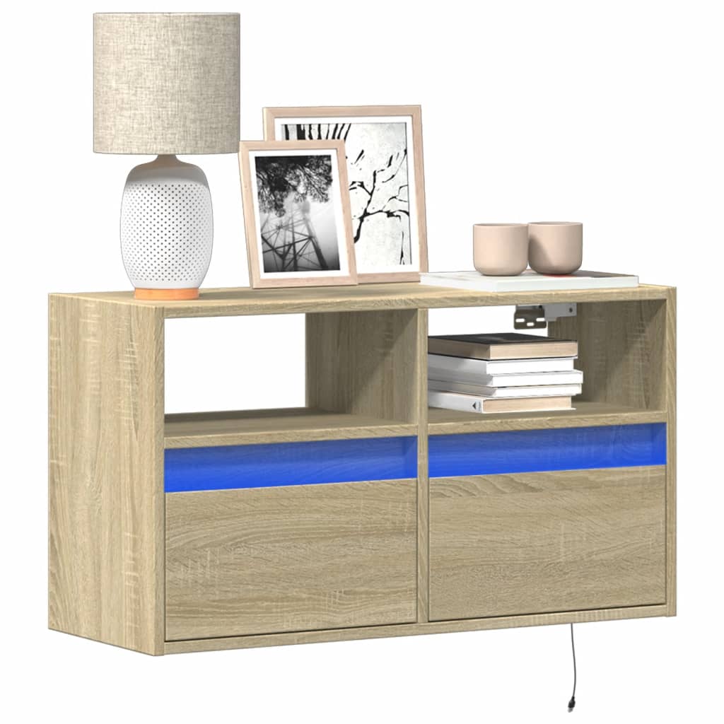 Mobile TV a Parete con Luci LED Rovere Sonoma 80x31x45 cm