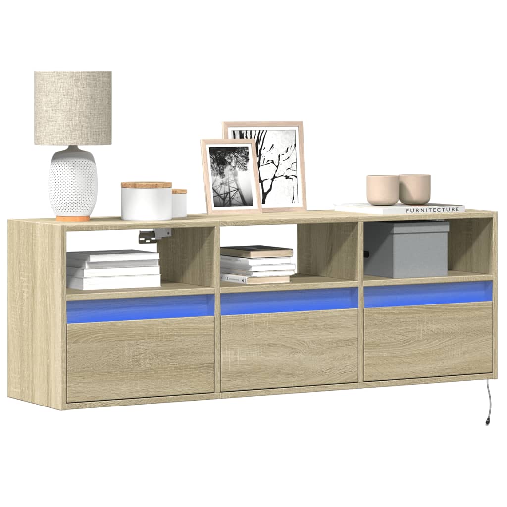 Mobile TV a Parete con Luci LED Rovere Sonoma 130x31x45 cm