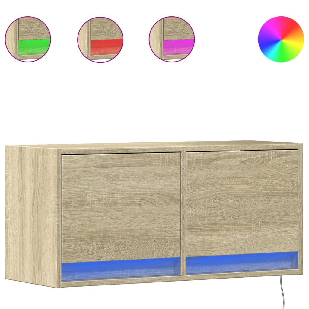 Mobile TV a Parete con Luci LED Rovere Sonoma 80x31x35 cm