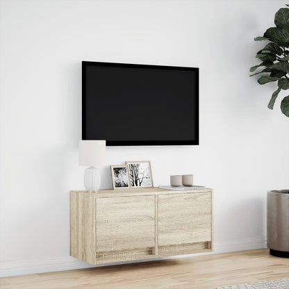 Mobile TV a Parete con Luci LED Rovere Sonoma 80x31x35 cm